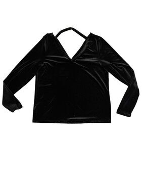 LONG TALL SALLY L black stretch velour V neck/back top with back band